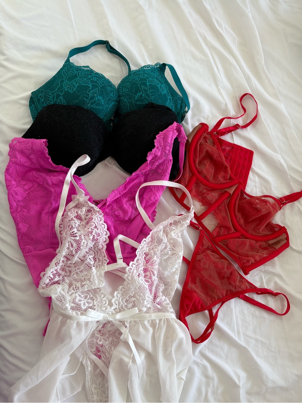 Auden Lace & Mesh Intimates Set — Teal, Black, Fuchsia, Red, White